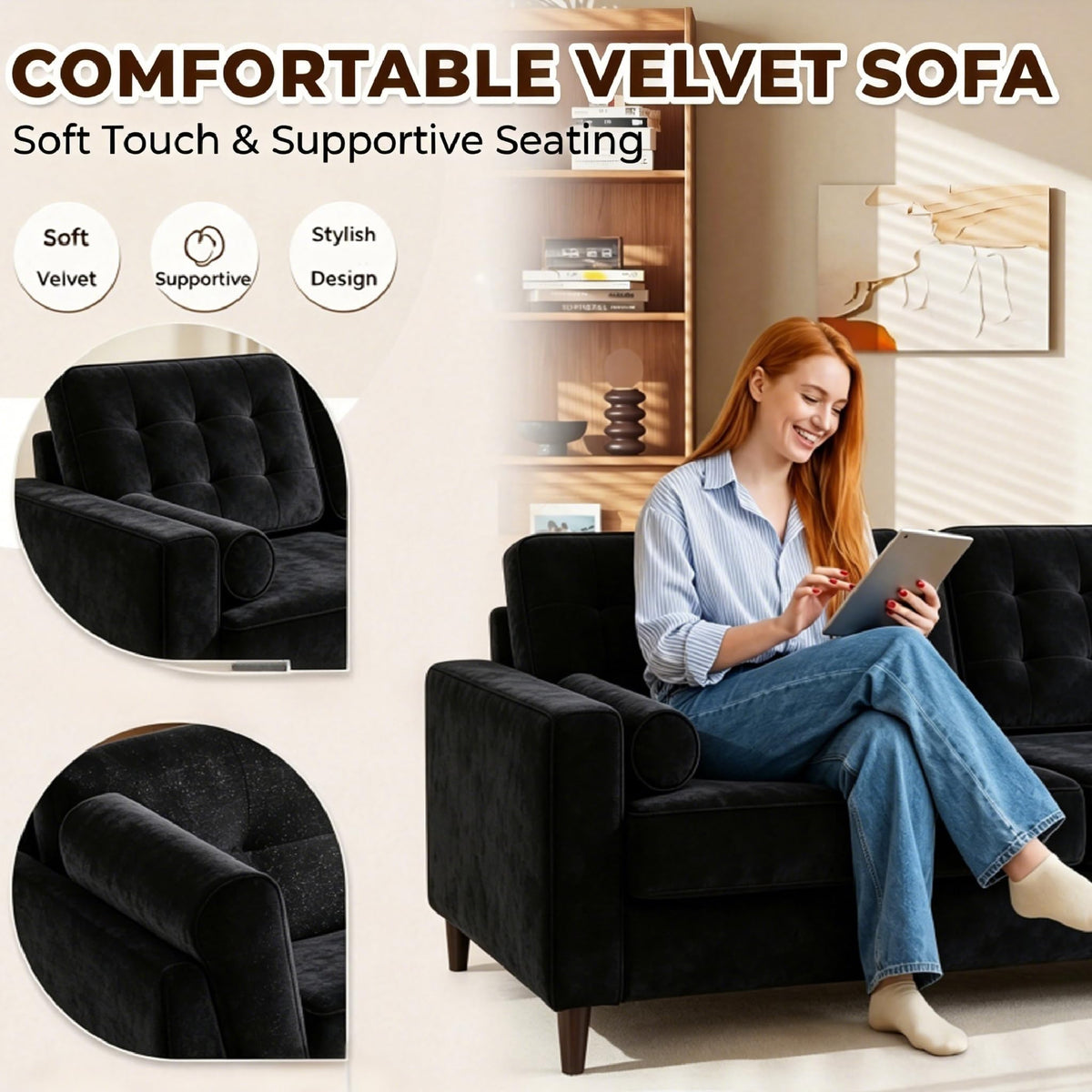 YODOLLA 3 Seater Velvet Sofa, 210cm Wide Deep Seat Sofa for Living Room