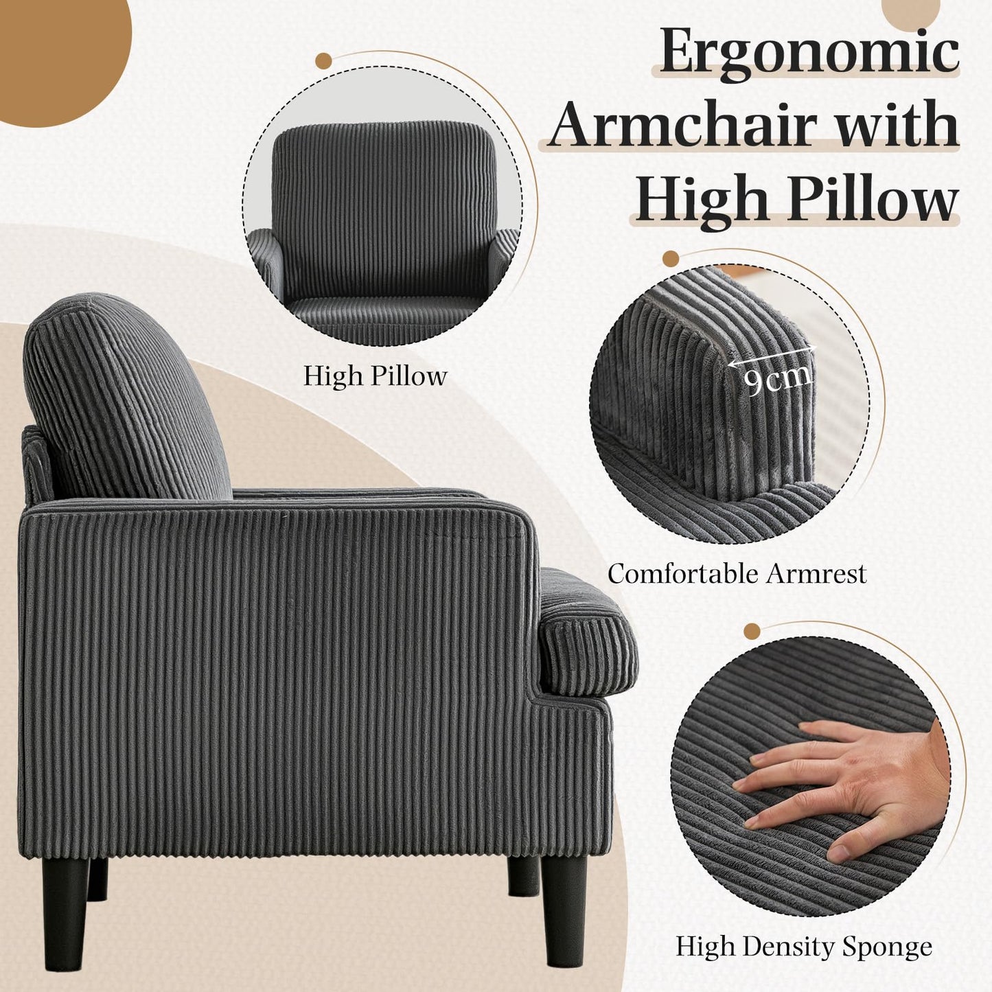 YODOLLA Armchair Grey Corduroy - Cosy Tub Accent Cuddle Chair