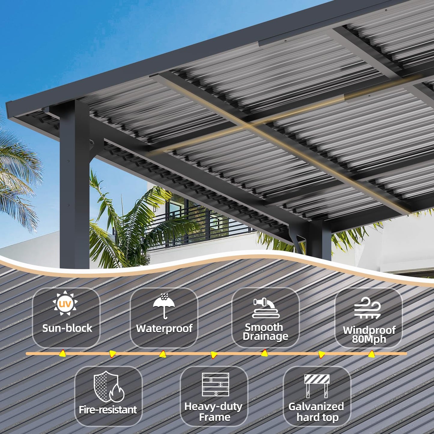 YODOLLA 2.4x3.6m Aluminium Lean-to Gazebo Wall-Mounted Iron Hardtop Roof Pergola