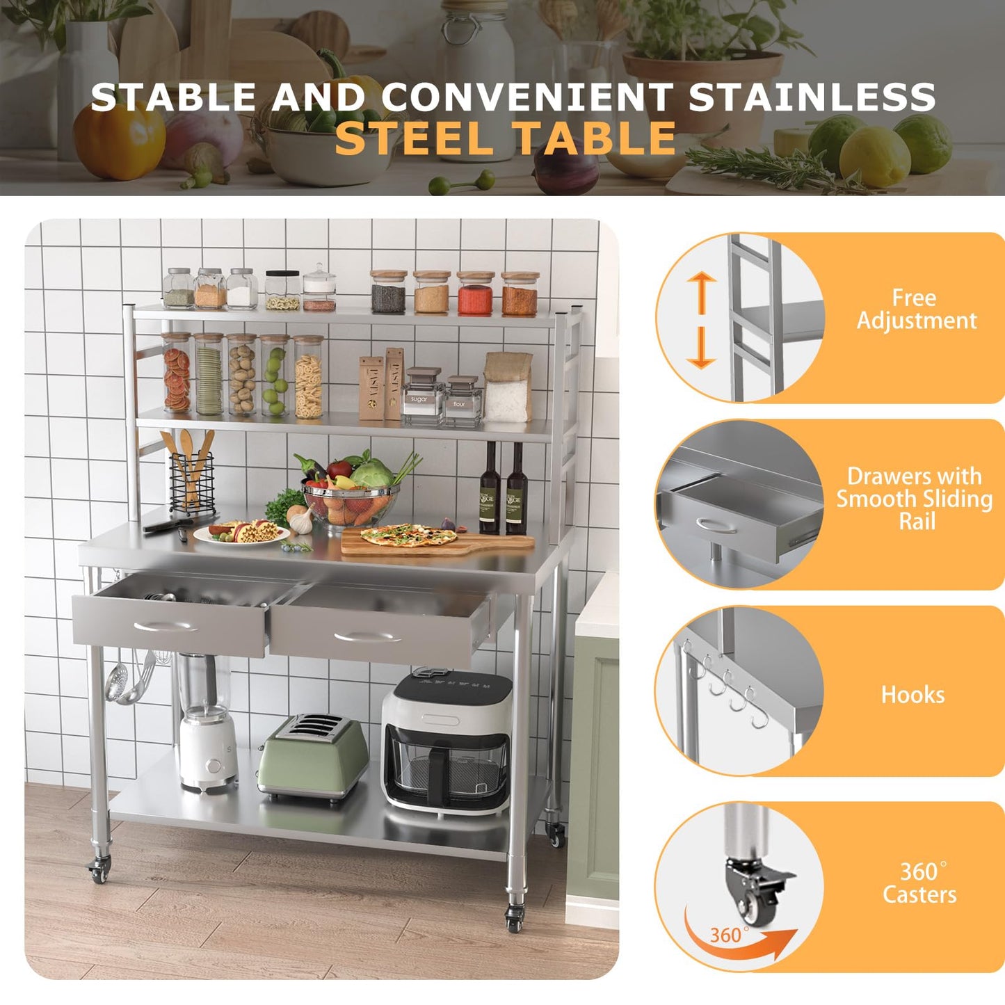 YODOLLA 122x61x138cm Stainless Steel Table with Wheels