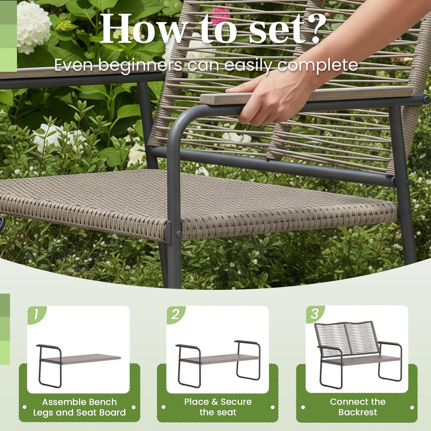 YODOLLA 2-Seater Rope Garden Bench Loveseat, All-Weather Woven Rope Patio Sofa
