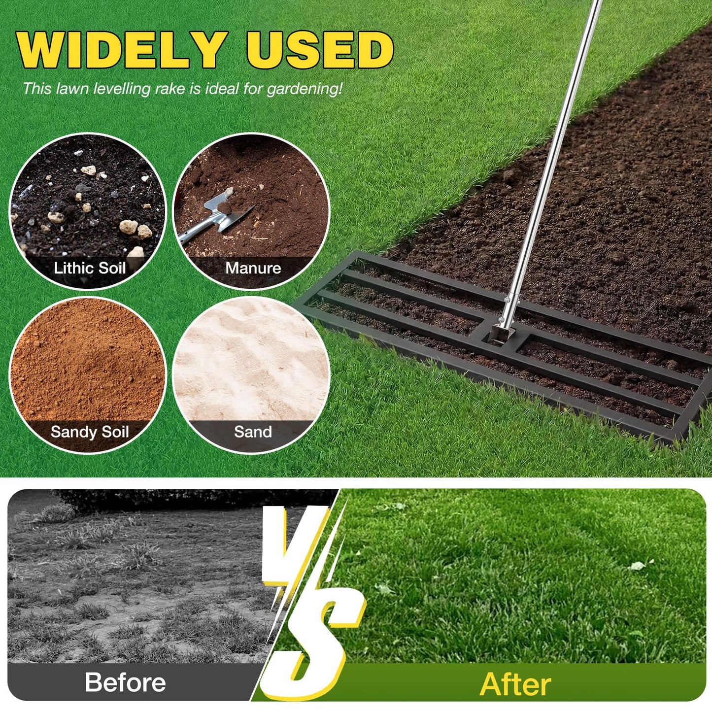 YODOLLA Lawn Leveling Rake 195 x 102×25cm Stainless Steel Lawn Leveller, Black