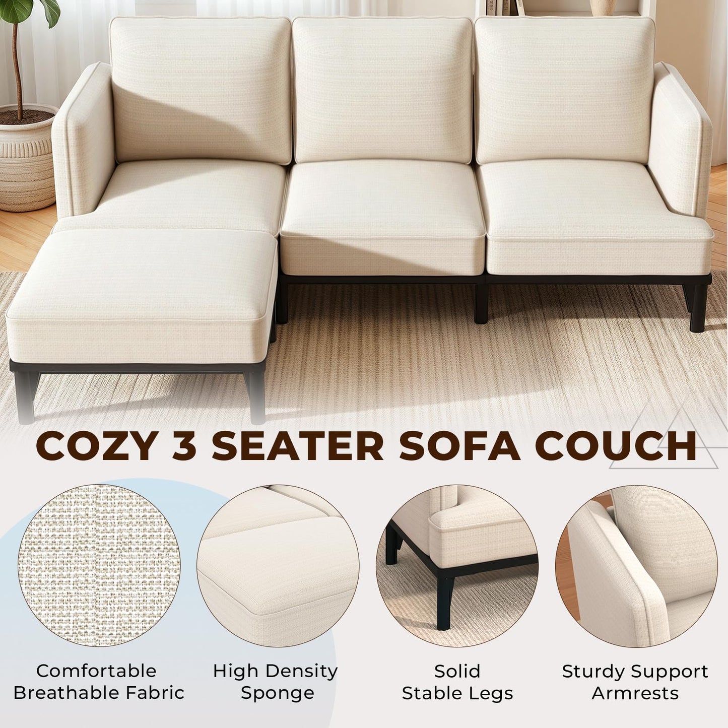 YODOLLA  L-Shaped 3-Seater Sofa 191cm Fabric Sofa with Chaise Ottoman