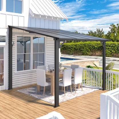 YODOLLA 2.4x2.4m Aluminium Lean-to Gazebo Wall-Mounted Hardtop Roof Pergola, Dark Grey