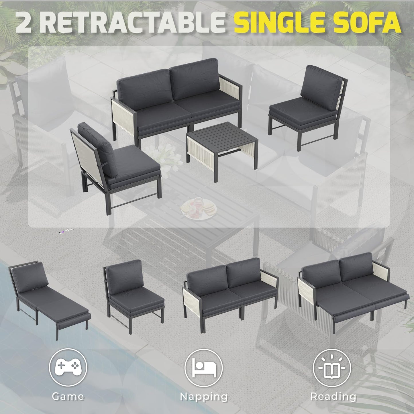 YODOLLA 4 Seater Outdoor Garden Furniture Set, Retractable Single Chair & Loveseat Patio Sofa