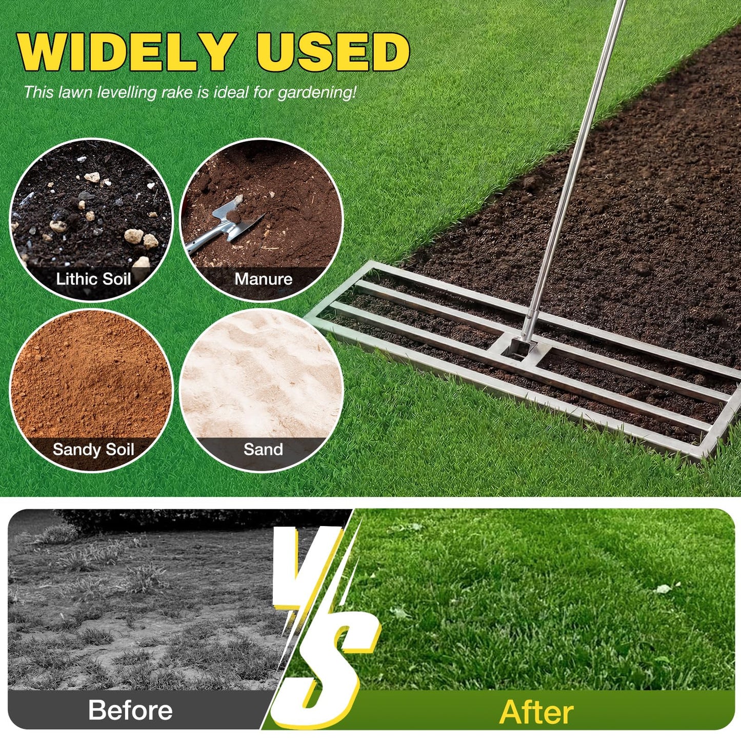 YODOLLA Lawn Leveling Rake 195 x 102×25cm Stainless Steel Lawn Leveller, Silver