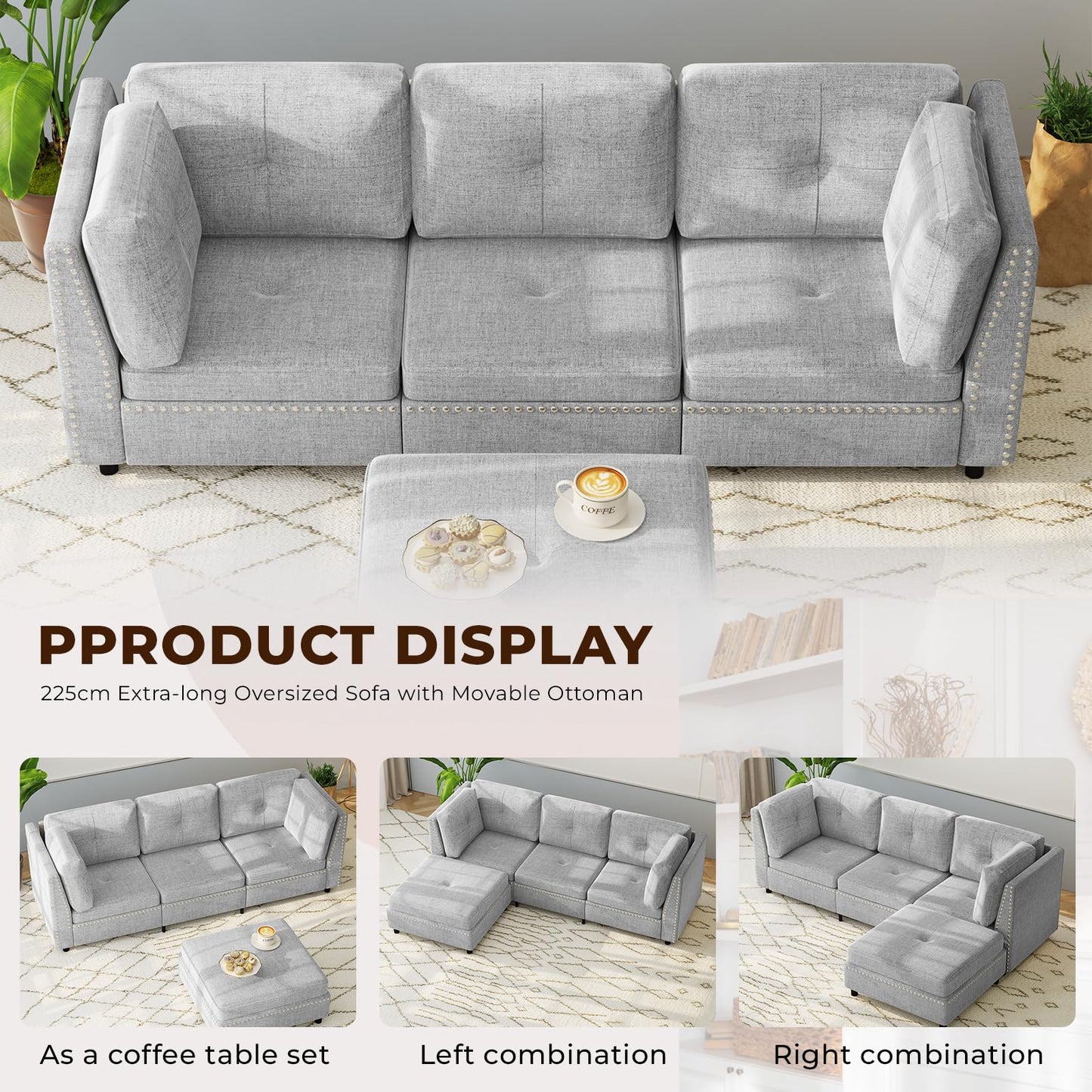 YODOLLA 225cm L-Shaped Corner Sofa, 3-4 Seater Modern Sofa Couch with Footstool