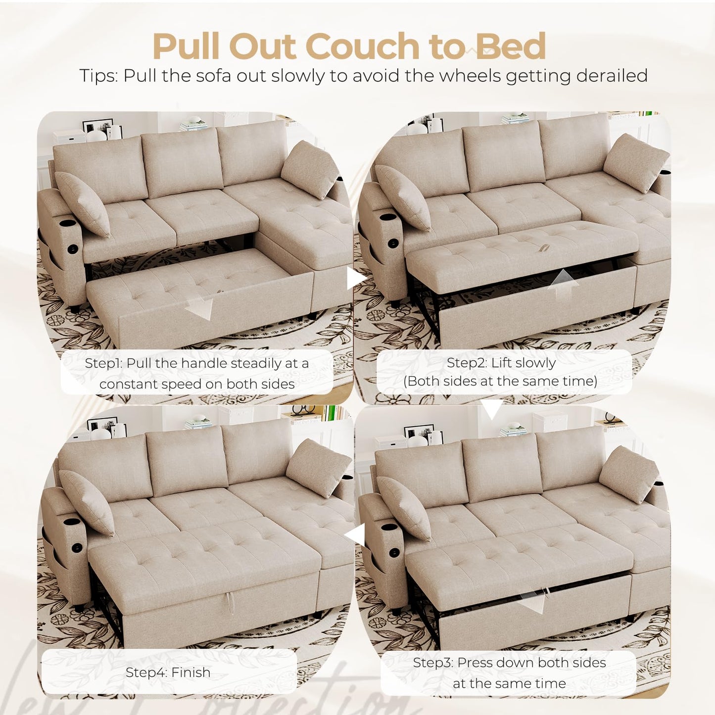 YODOLLA L-Shaped Corner Sofa Bed 3-in-1 Pull Out Sleeper Sofa, Beige