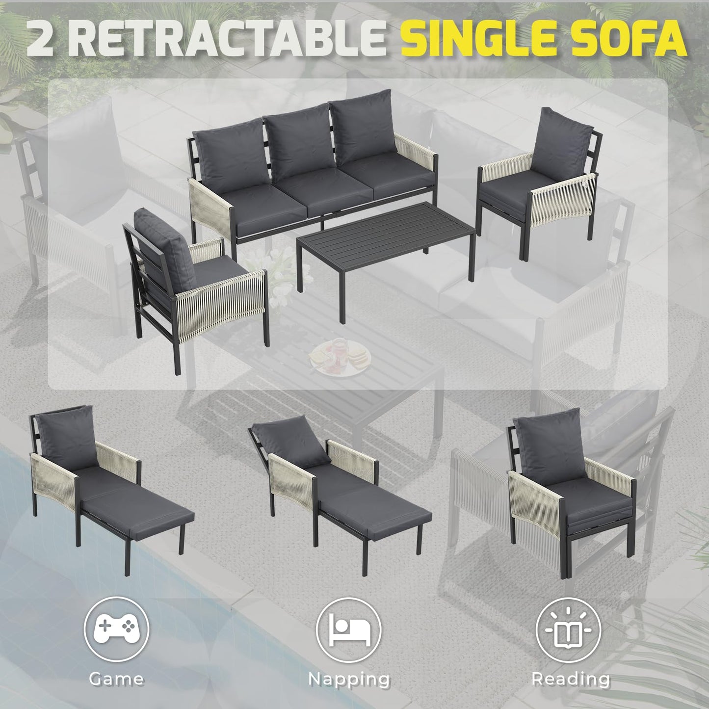 YODOLLA 5 Seater Outdoor Garden Furniture Set, Retractable Single Chair Patio Sofa