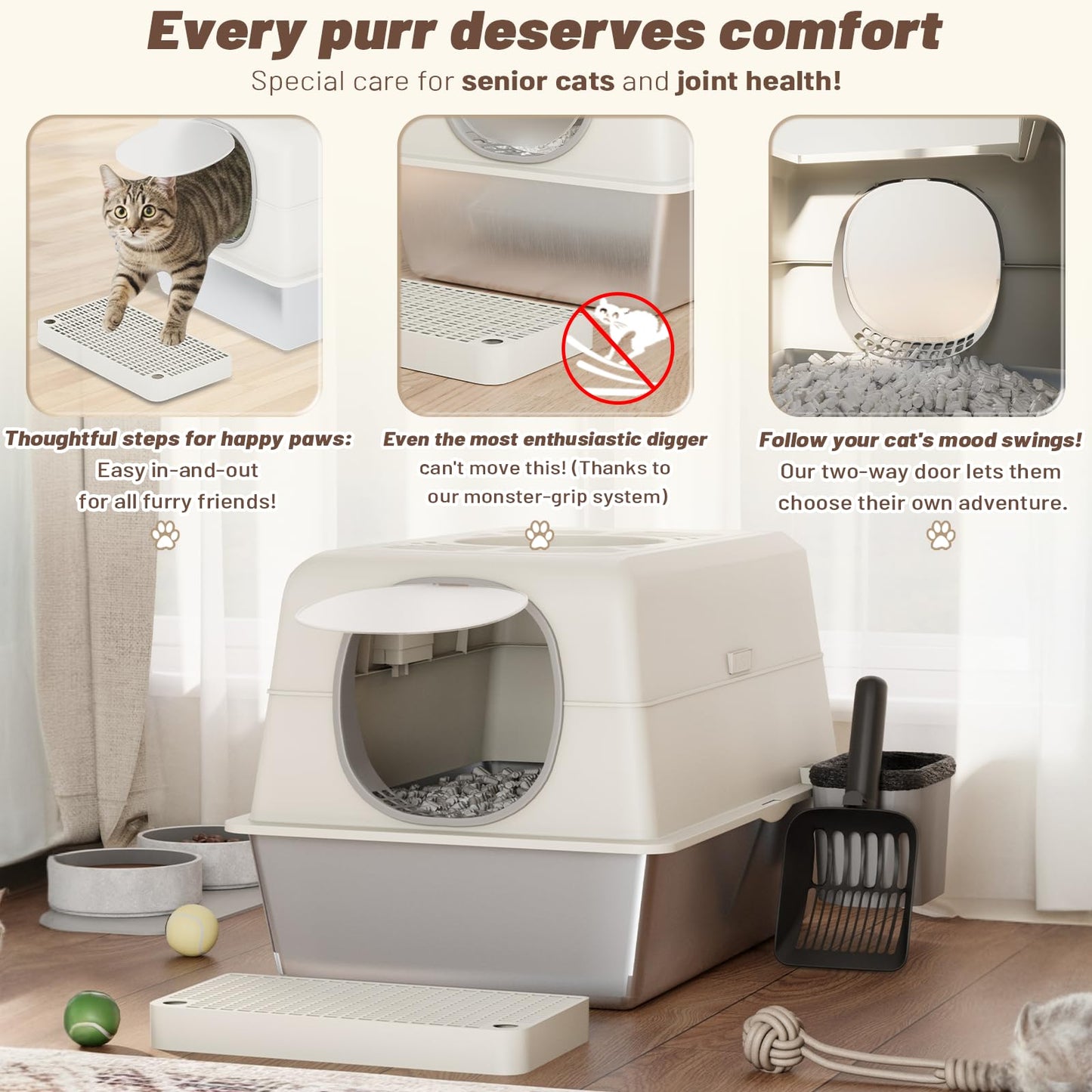 YODOLLA Stainless Steel Cat Litter Tray with Lid, Dual Doors, Scoop, Mat & Steps