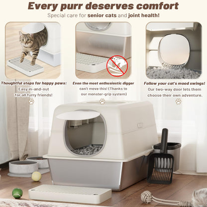 YODOLLA Stainless Steel Cat Litter Tray with Lid, Dual Doors, Scoop, Mat & Steps