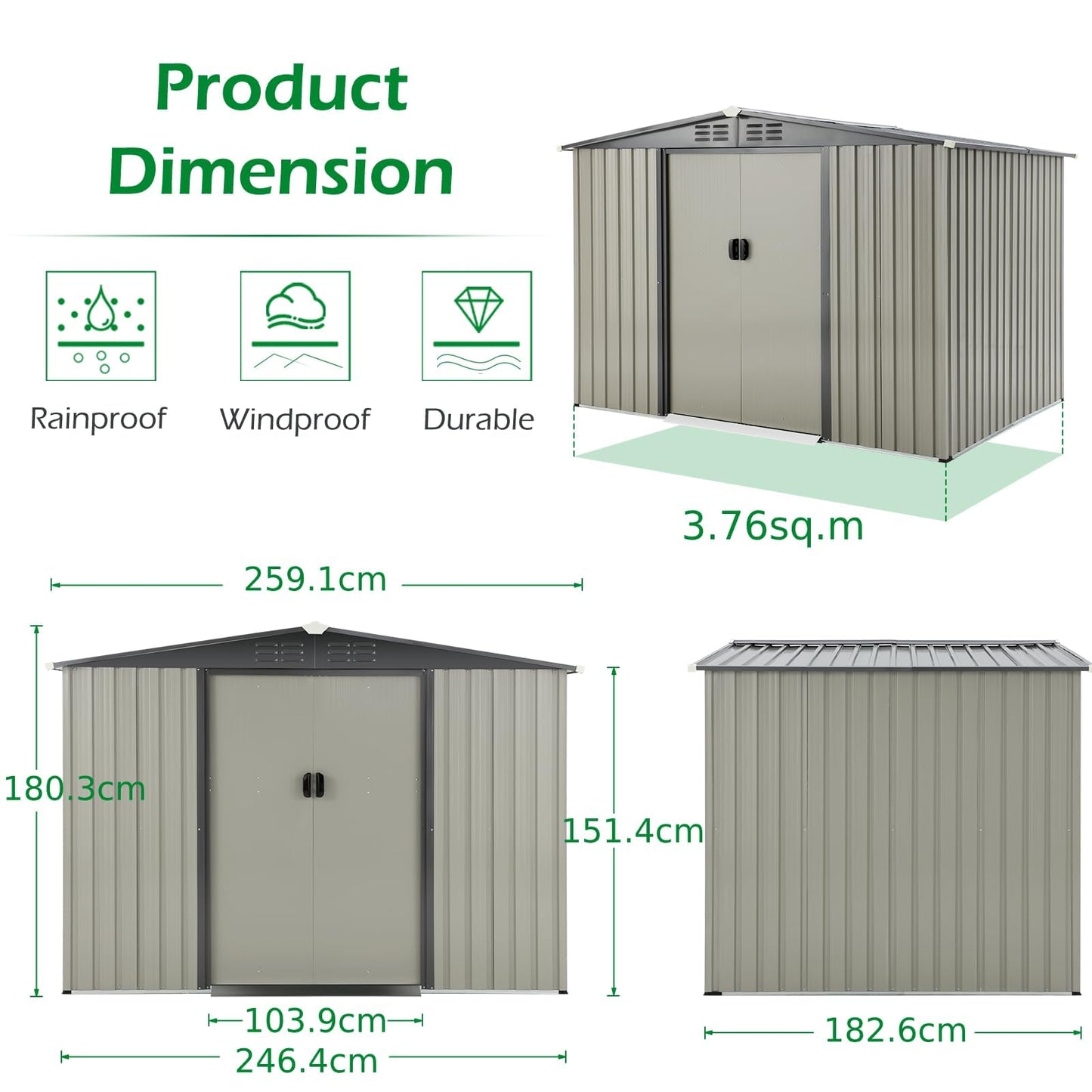 YODOLLA 8x6 ft Outdoor Storage Shed, Grey