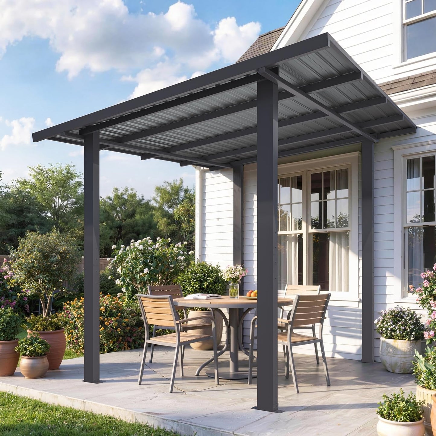 YODOLLA 2.4 x 2.4m Metal Lean-to Gazebo Wall-Mounted Iron Hardtop Roof Pergola
