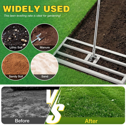YODOLLA Lawn Leveling Rake 195 x 75×25cm Stainless Steel Lawn Leveller, Silver