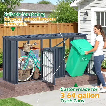 YODOLLA Wheelie Bin Box, Set of 3, 240 L Garden Cabinet Tool Shed, Dark Grey