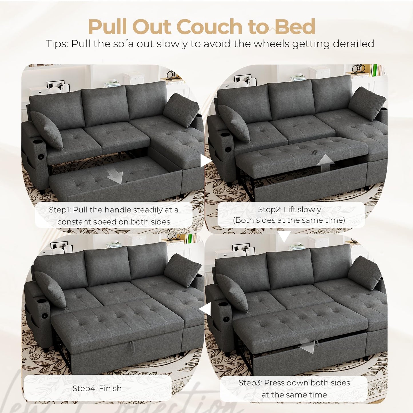 YODOLLA L-Shaped Corner Sofa Bed 3-in-1 Pull Out Sleeper Sofa, Dark Grey