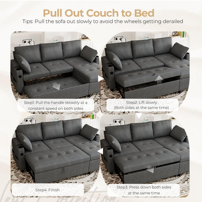 YODOLLA L-Shaped Corner Sofa Bed 3-in-1 Pull Out Sleeper Sofa, Dark Grey