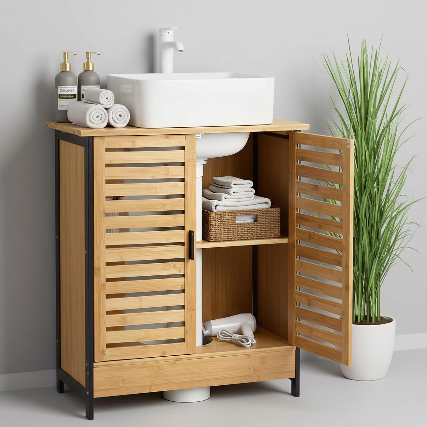 YODOLLA Bamboo Under Sink Bathroom Cabinet