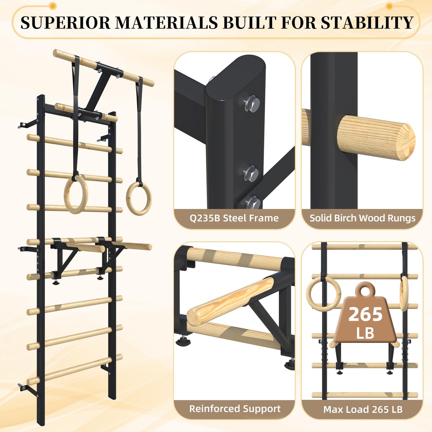 YODOLLA Wall Mounted Swedish Ladder with Pull Up Bar & Gym Rings