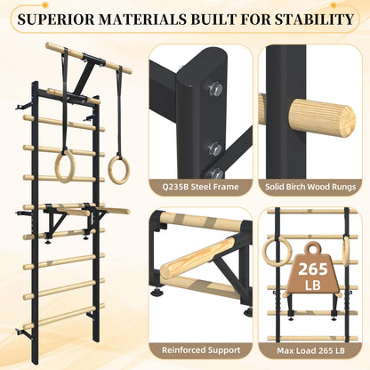 YODOLLA Wall Mounted Swedish Ladder with Pull Up Bar & Gym Rings