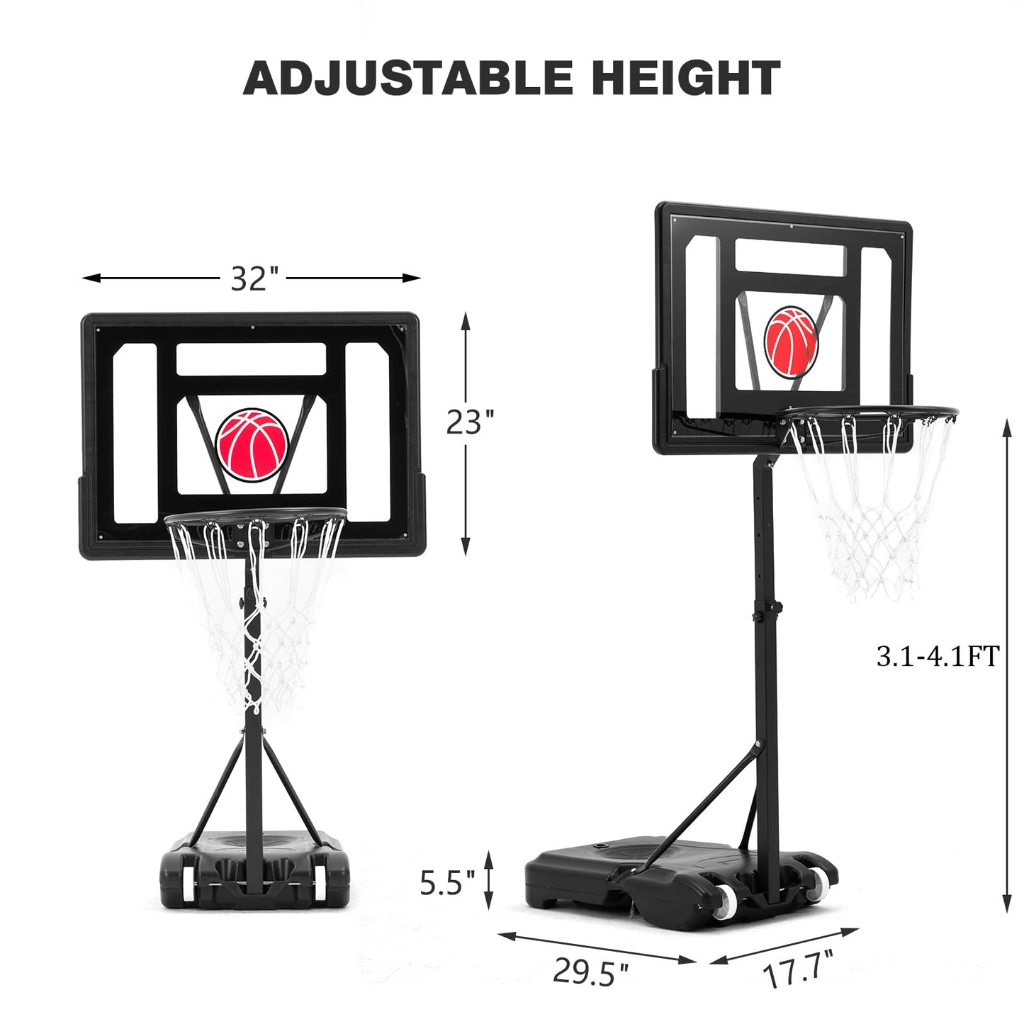 YODOLLA Portable Basketball Hoop Poolside Basketball Hoop 81cm x 58cm, 0.95m-1.25m