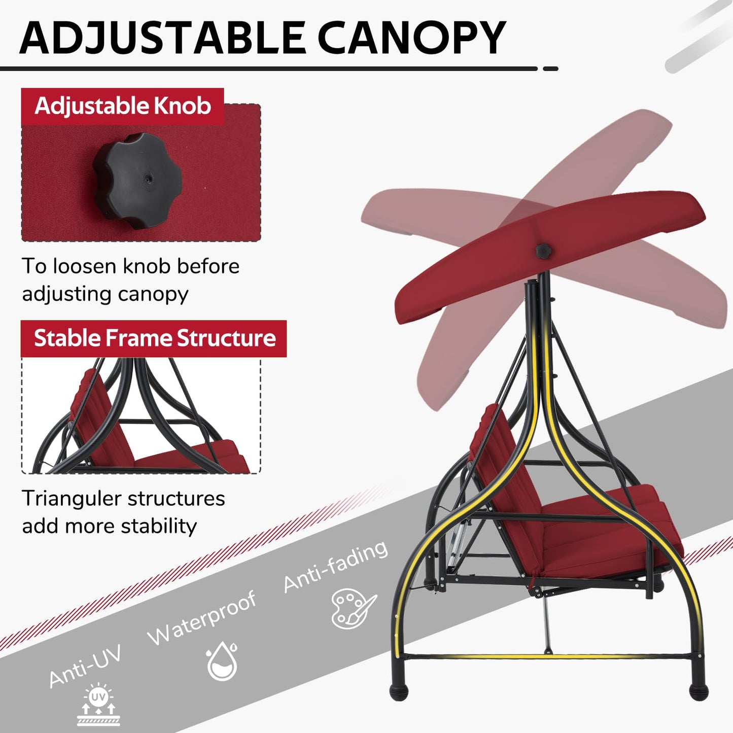 YODOLLA 3 Seater Garden Swing Seat Bed, Red