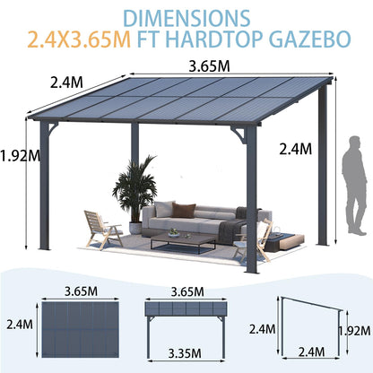 YODOLLA 2.4x3.65m Aluminium Lean-to Gazebo, Wall-Mounted Hardtop Roof Pergola