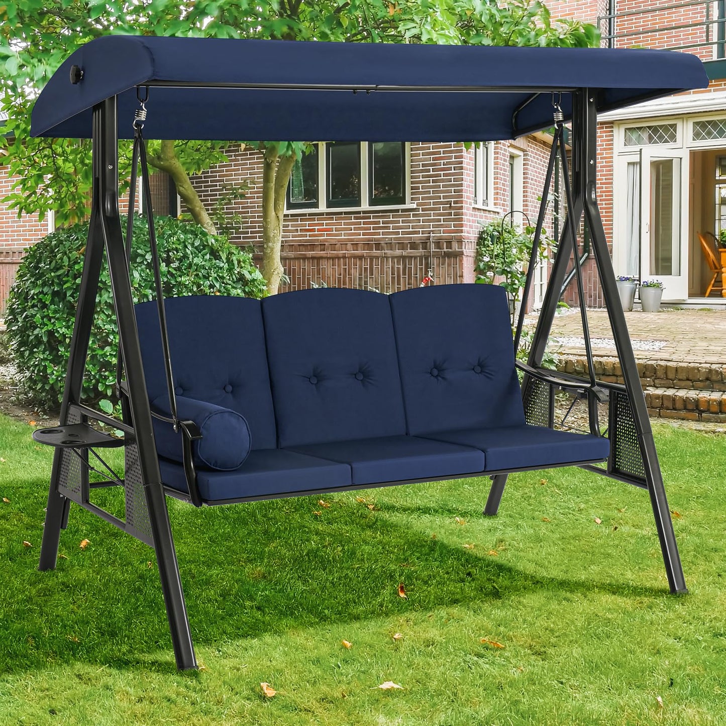 YODOLLA 3 Seater Garden Swing Chair with Adjustable Canopy & Cushions-Blue