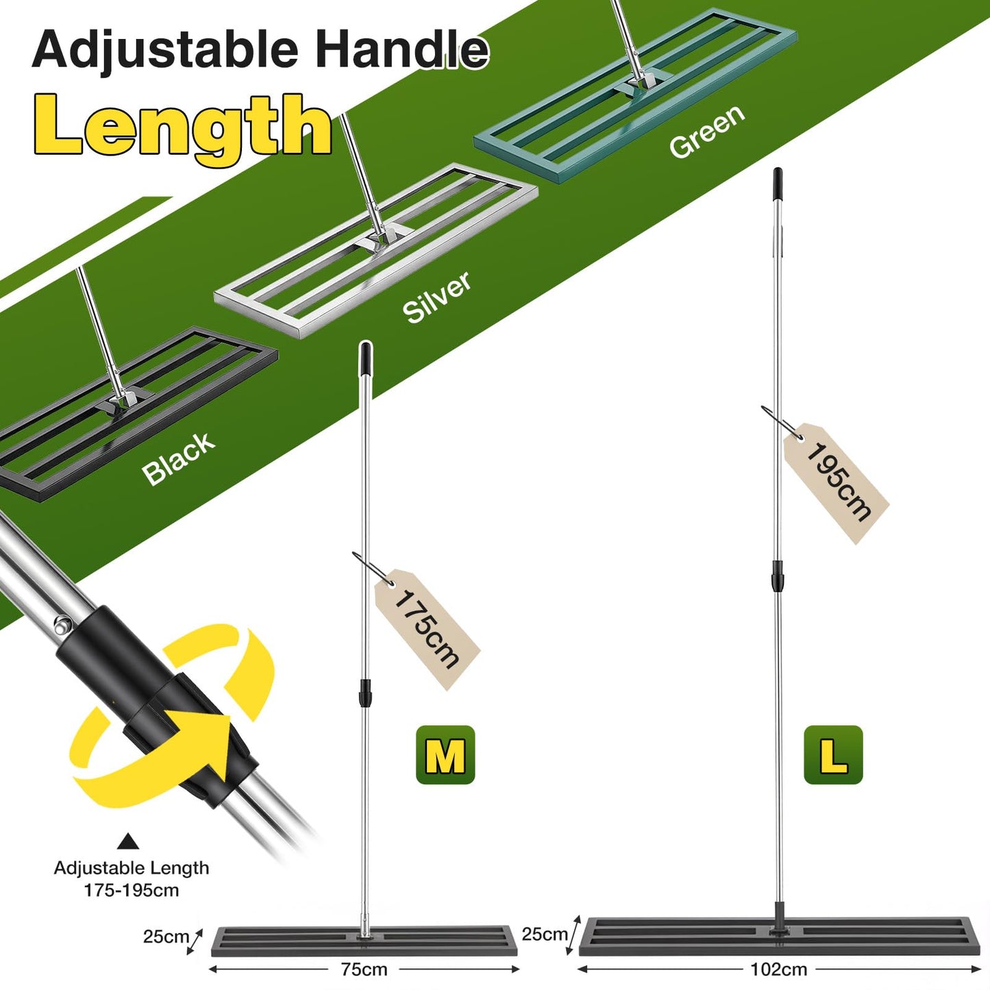 YODOLLA Lawn Leveling Rake 195 x 102×25cm Stainless Steel Lawn Leveller, Black