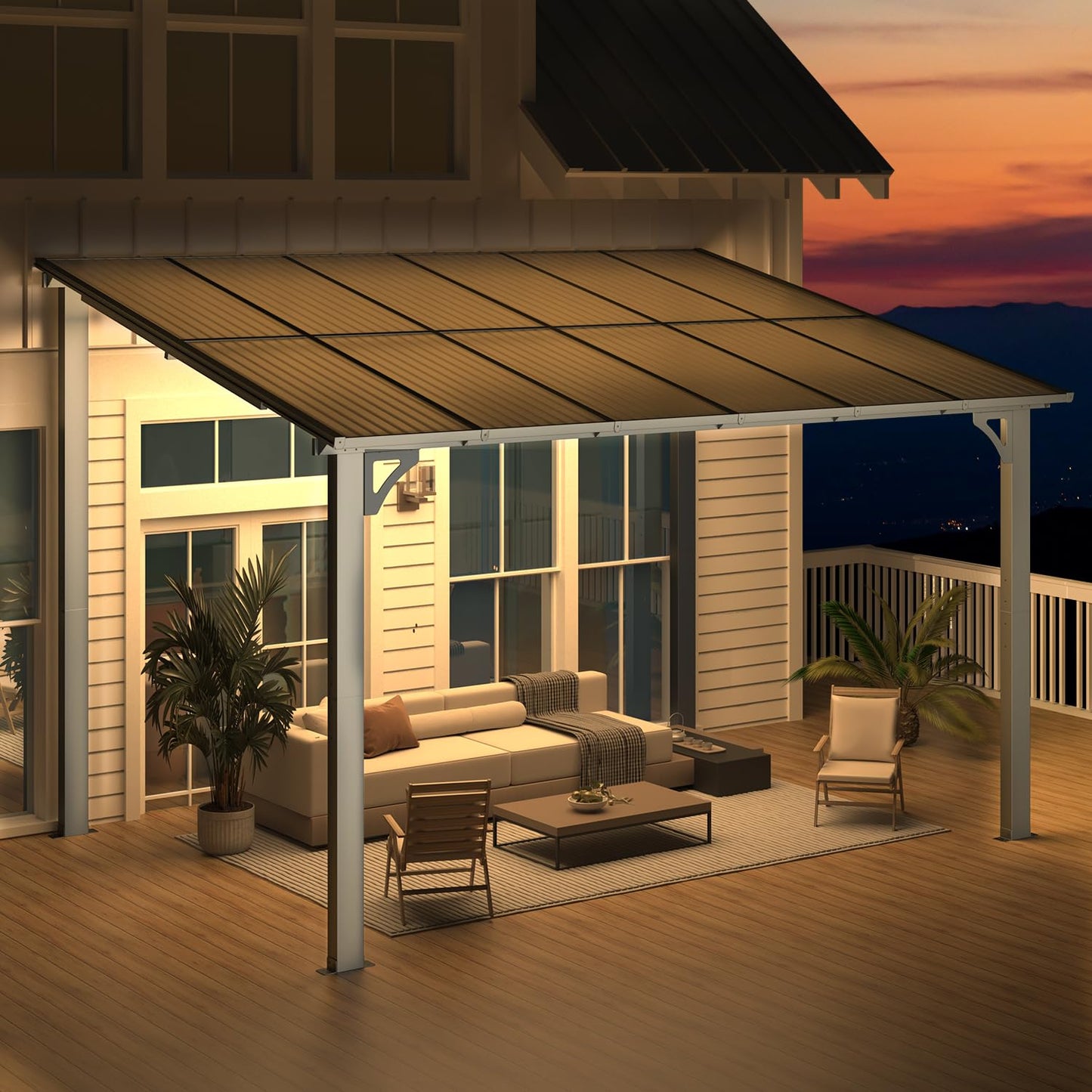 YODOLLA 2.4x3.65m Aluminium Lean-to Gazebo, Wall-Mounted Hardtop Roof Pergola
