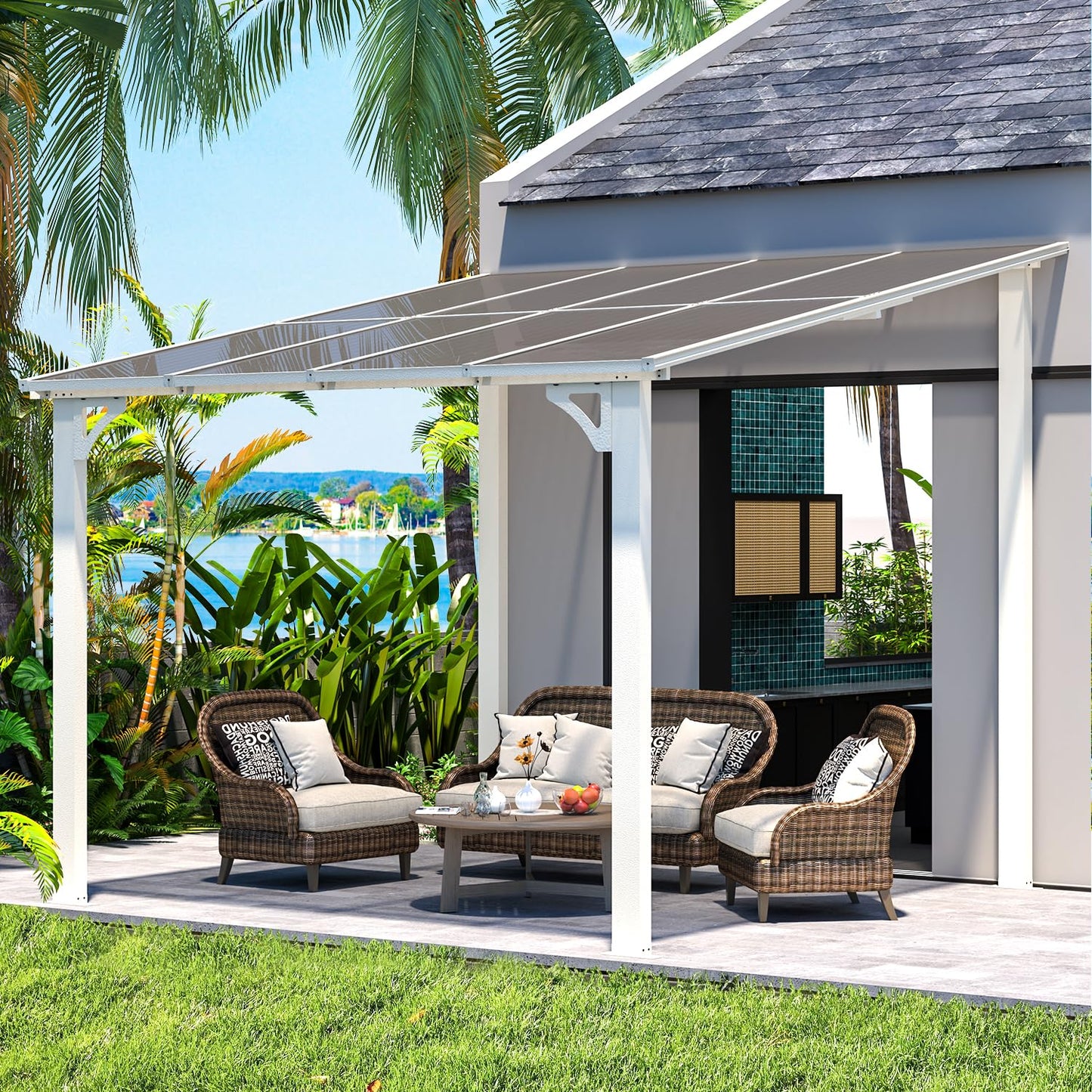 YODOLLA 2.4x2.4m Aluminium Lean-to Gazebo Wall-Mounted Hardtop Roof Pergola, White