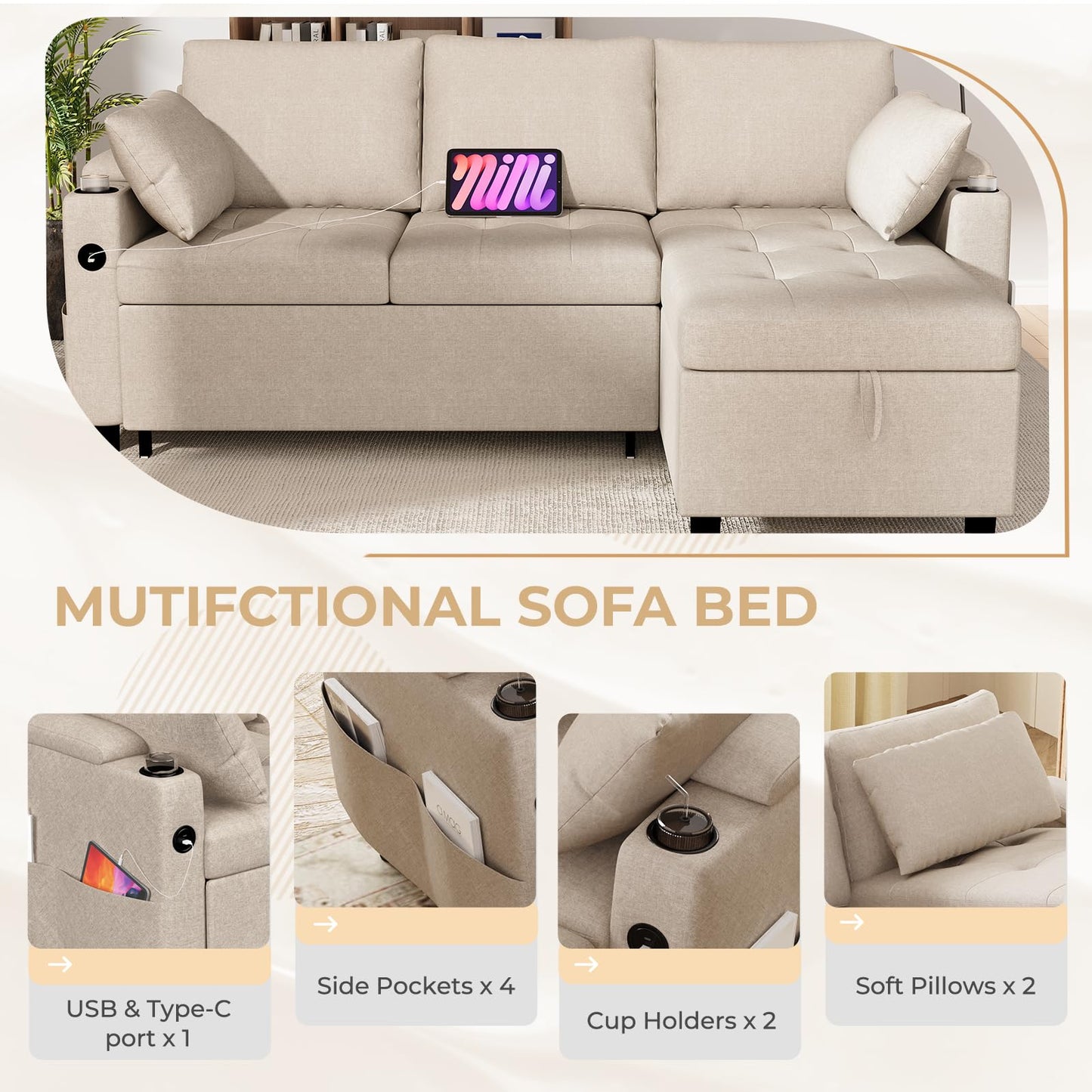 YODOLLA L-Shaped Corner Sofa Bed 3-in-1 Pull Out Sleeper Sofa, Beige