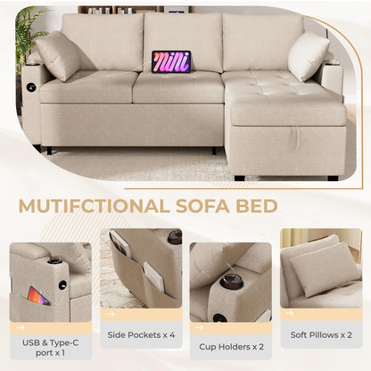 YODOLLA L-Shaped Corner Sofa Bed 3-in-1 Pull Out Sleeper Sofa, Beige