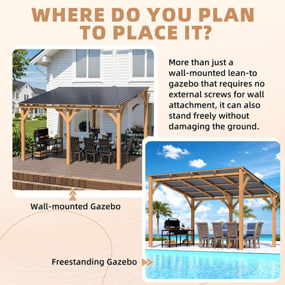 YODOLLA 3x3.65m Lean-to Hardtop Gazebo Outdoor Wood Cedar Wall Mounted Pergola