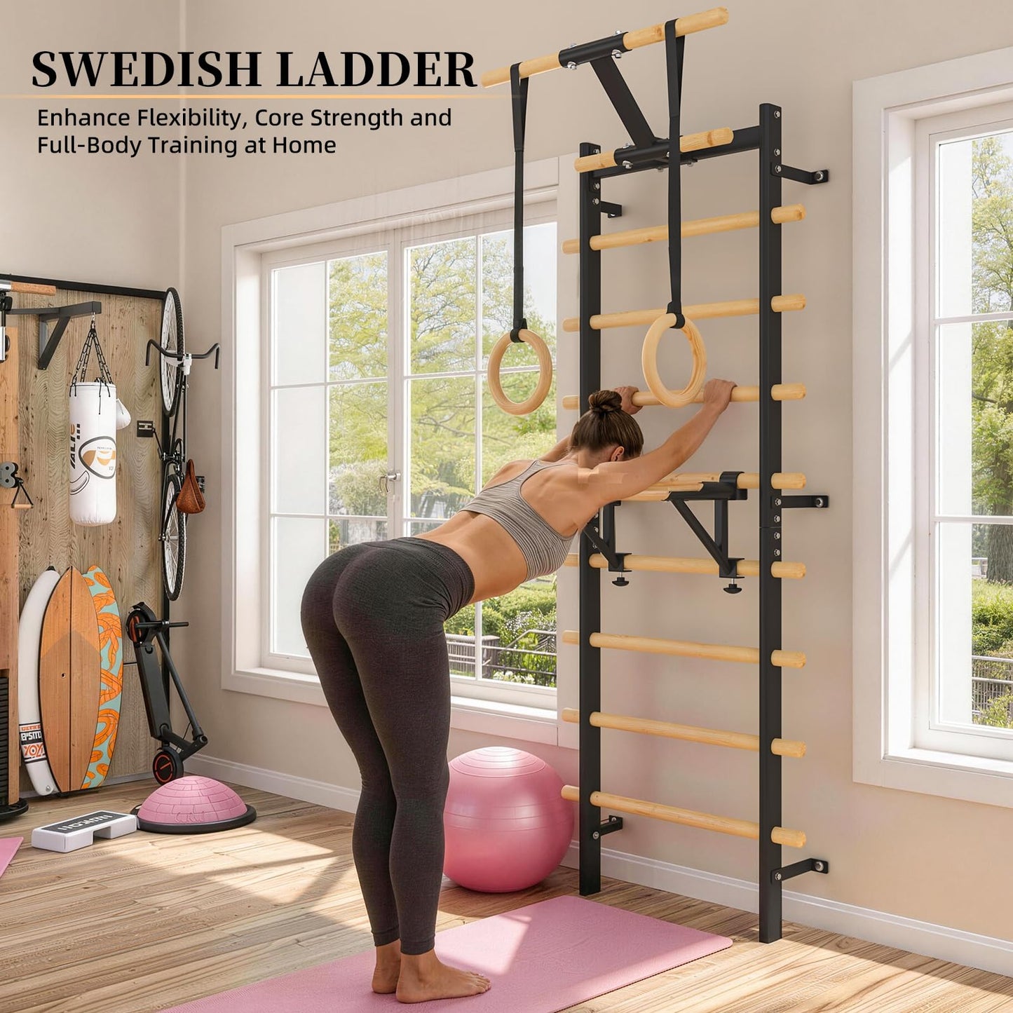 YODOLLA Wall Mounted Swedish Ladder with Pull Up Bar & Gym Rings