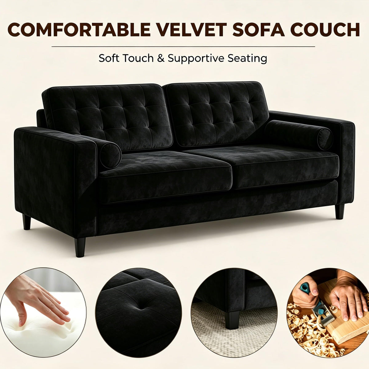 YODOLLA 3 Seater Velvet Sofa, 210cm Wide Deep Seat Sofa for Living Room