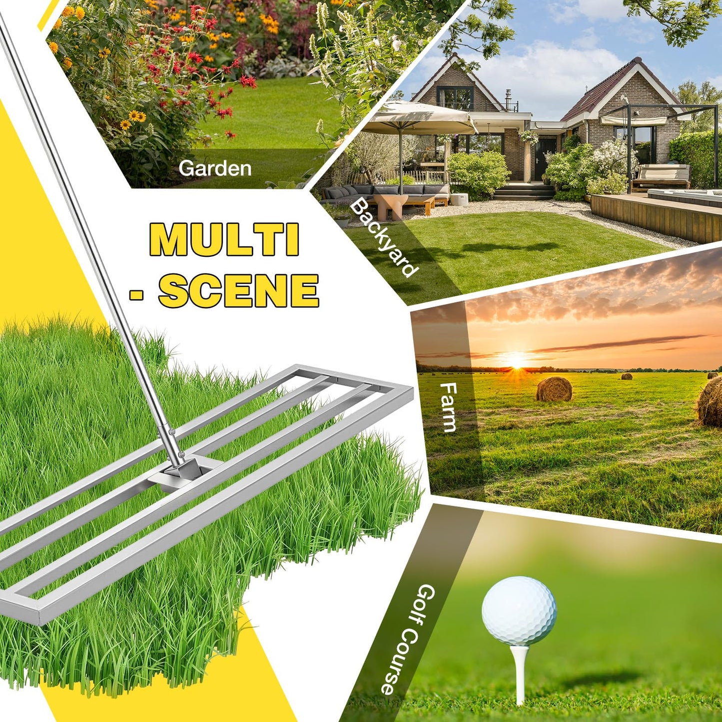 YODOLLA Lawn Leveling Rake 195 x 102×25cm Stainless Steel Lawn Leveller, Silver