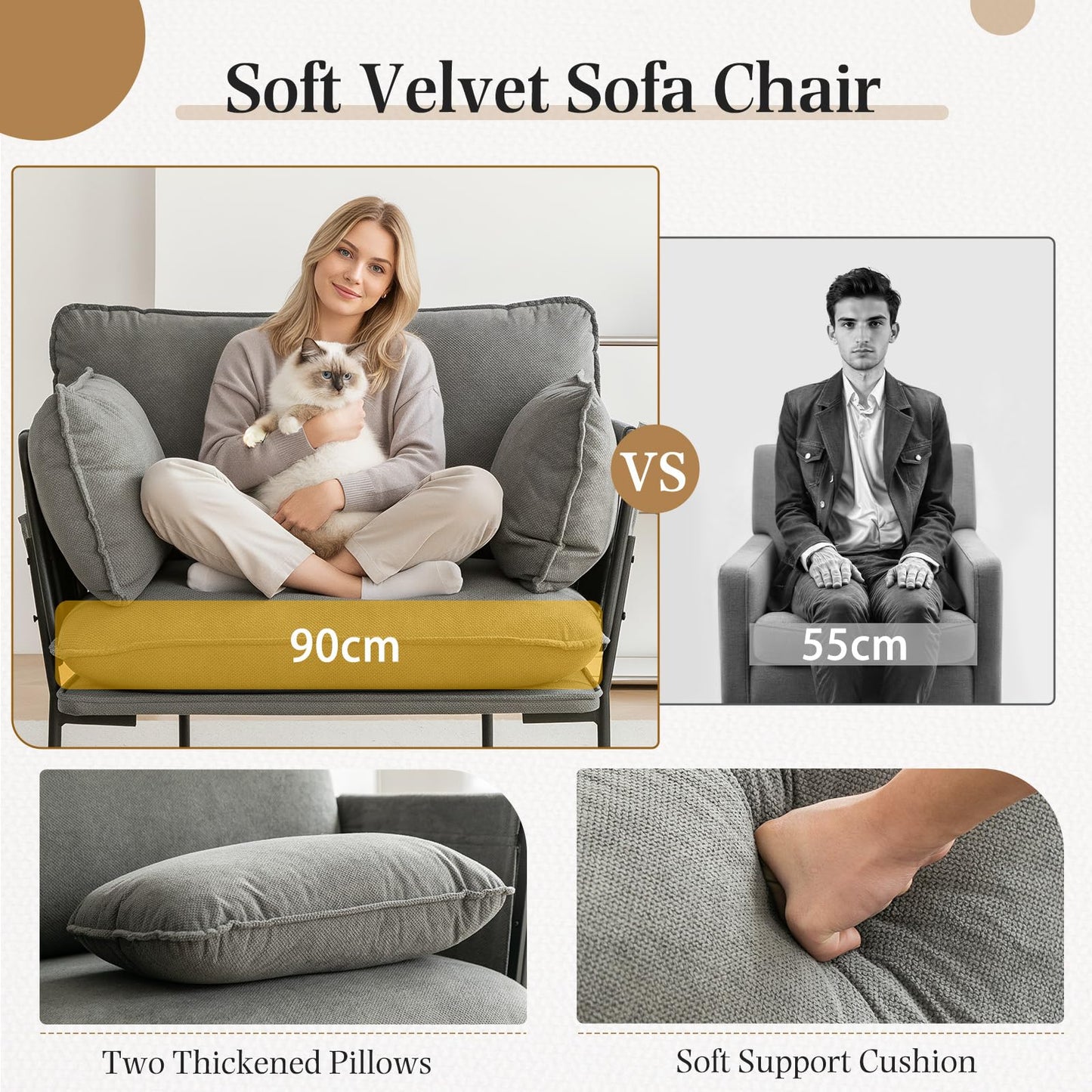 YODOLLA Modern Accent Armchair with Metal Frame, Grey