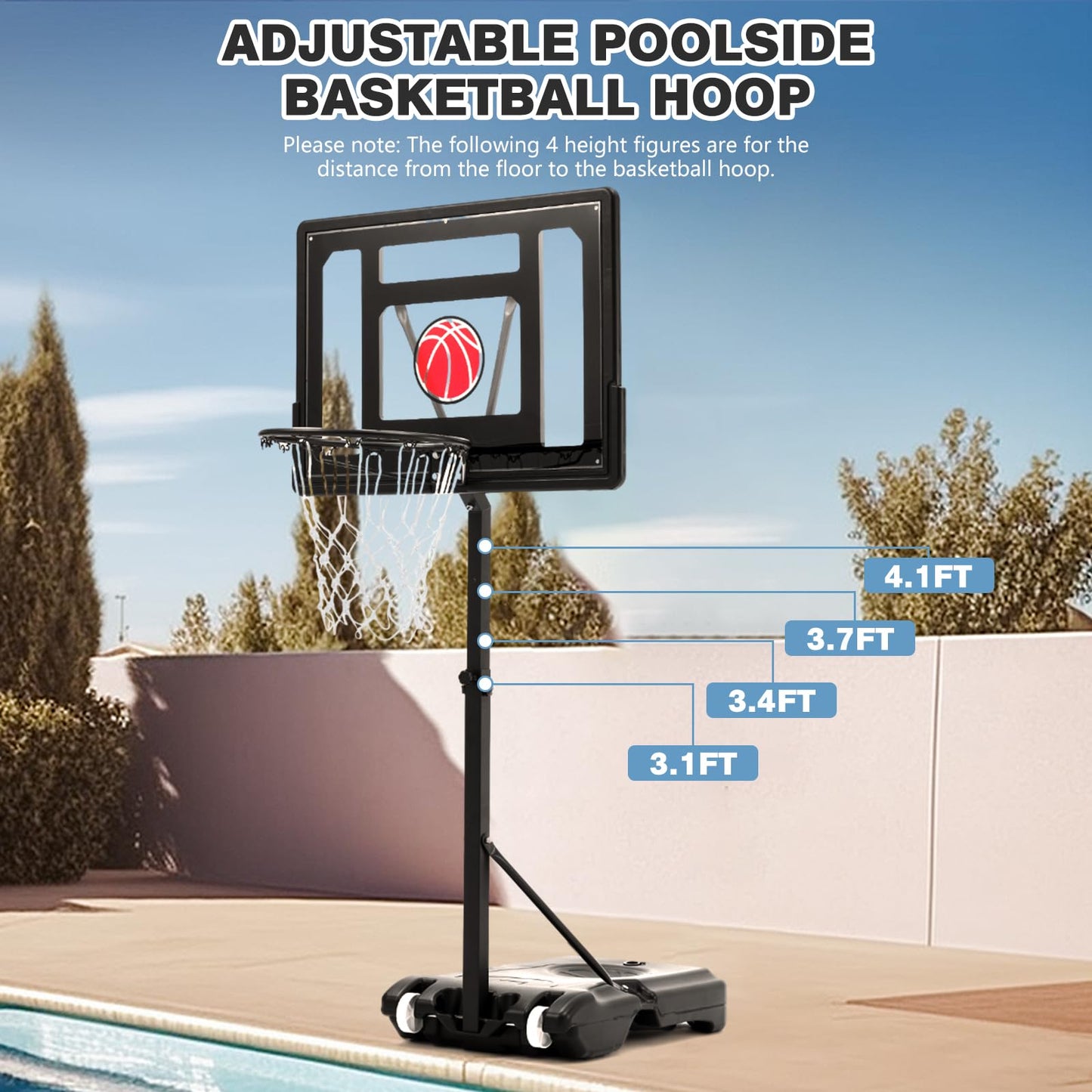 YODOLLA Portable Basketball Hoop Poolside Basketball Hoop 81cm x 58cm, 0.95m-1.25m