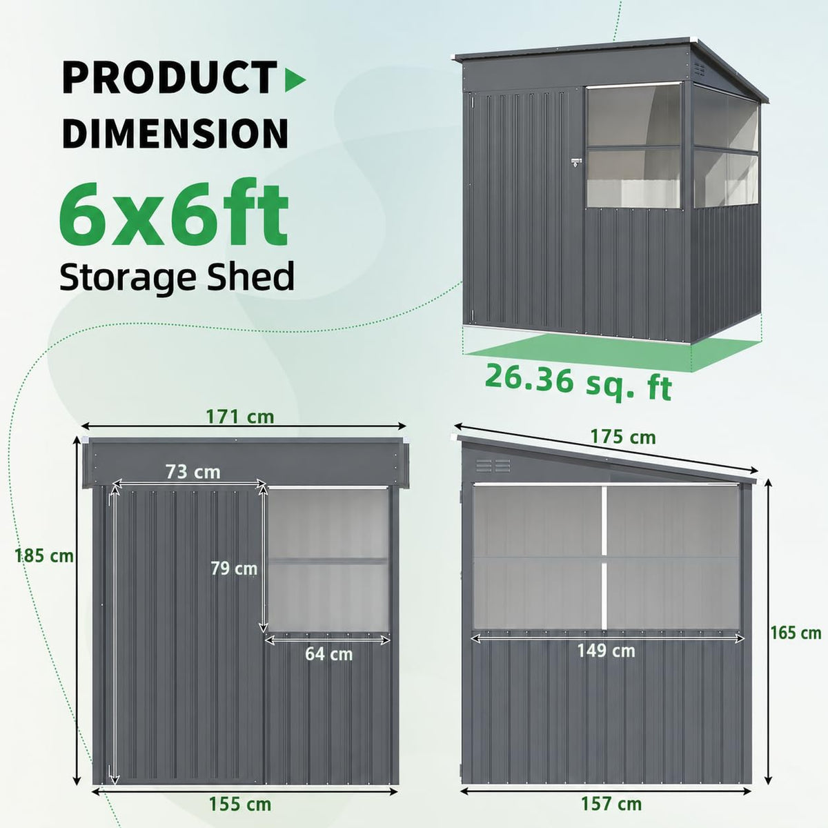 YODOLLA 6x6ft Galvanised Garden Storage Shed, Sunlight Window, Black