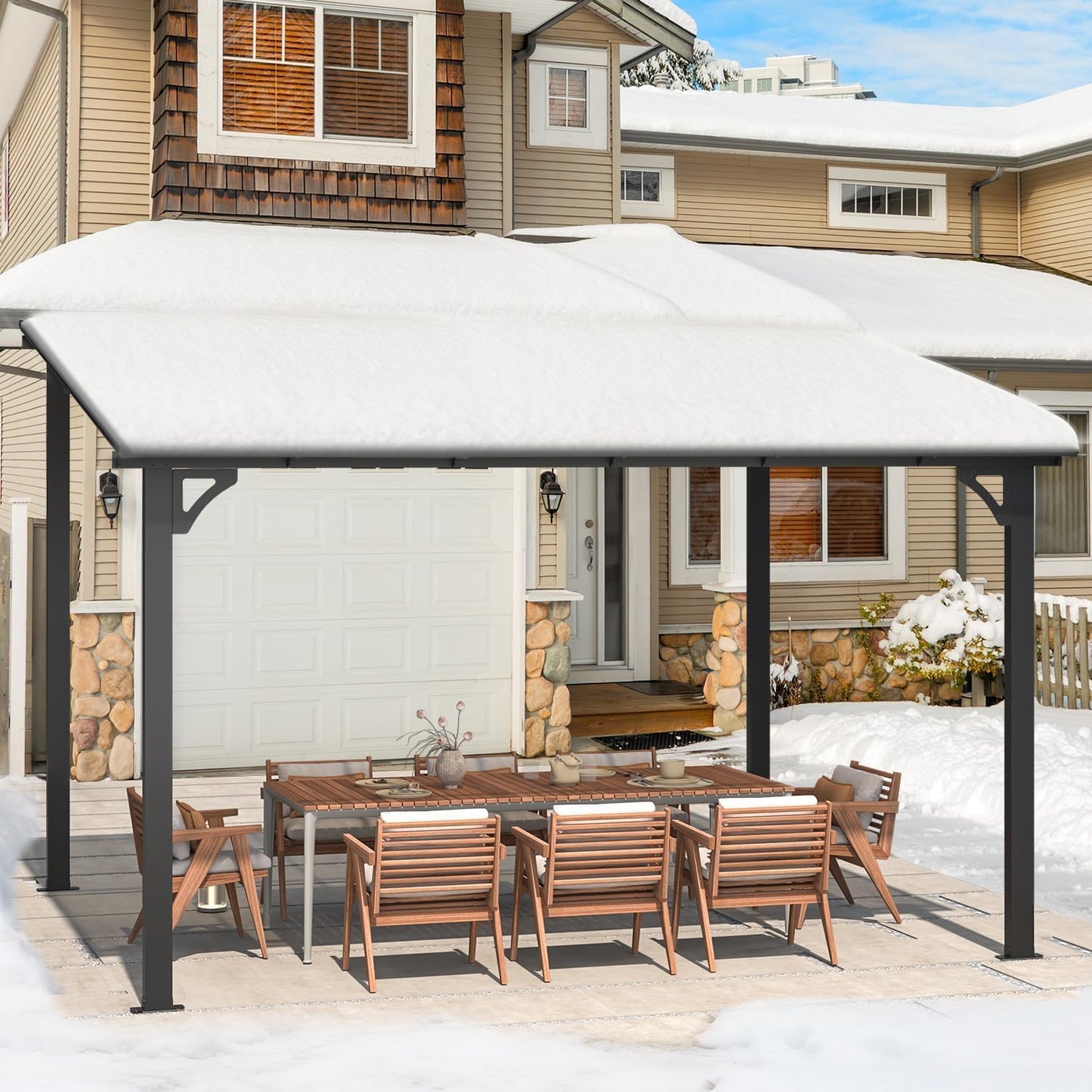 YODOLLA 3x3.65m Aluminium Lean-to Gazebo Wall-Mounted Hardtop Roof Pergola