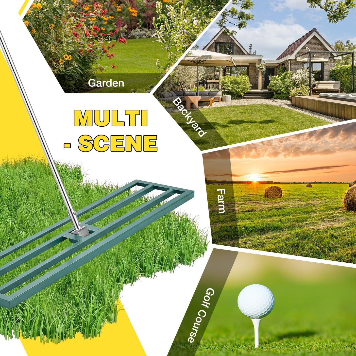 YODOLLA Lawn Leveling Rake 195 x 102×25cm Stainless Steel Lawn Leveller, Green