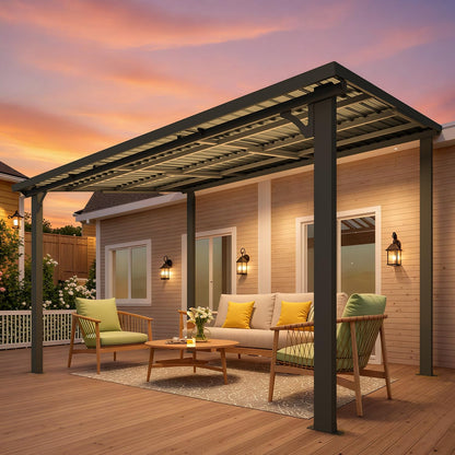 YODOLLA 2.4x3.6m Aluminium Lean-to Gazebo Wall-Mounted Iron Hardtop Roof Pergola