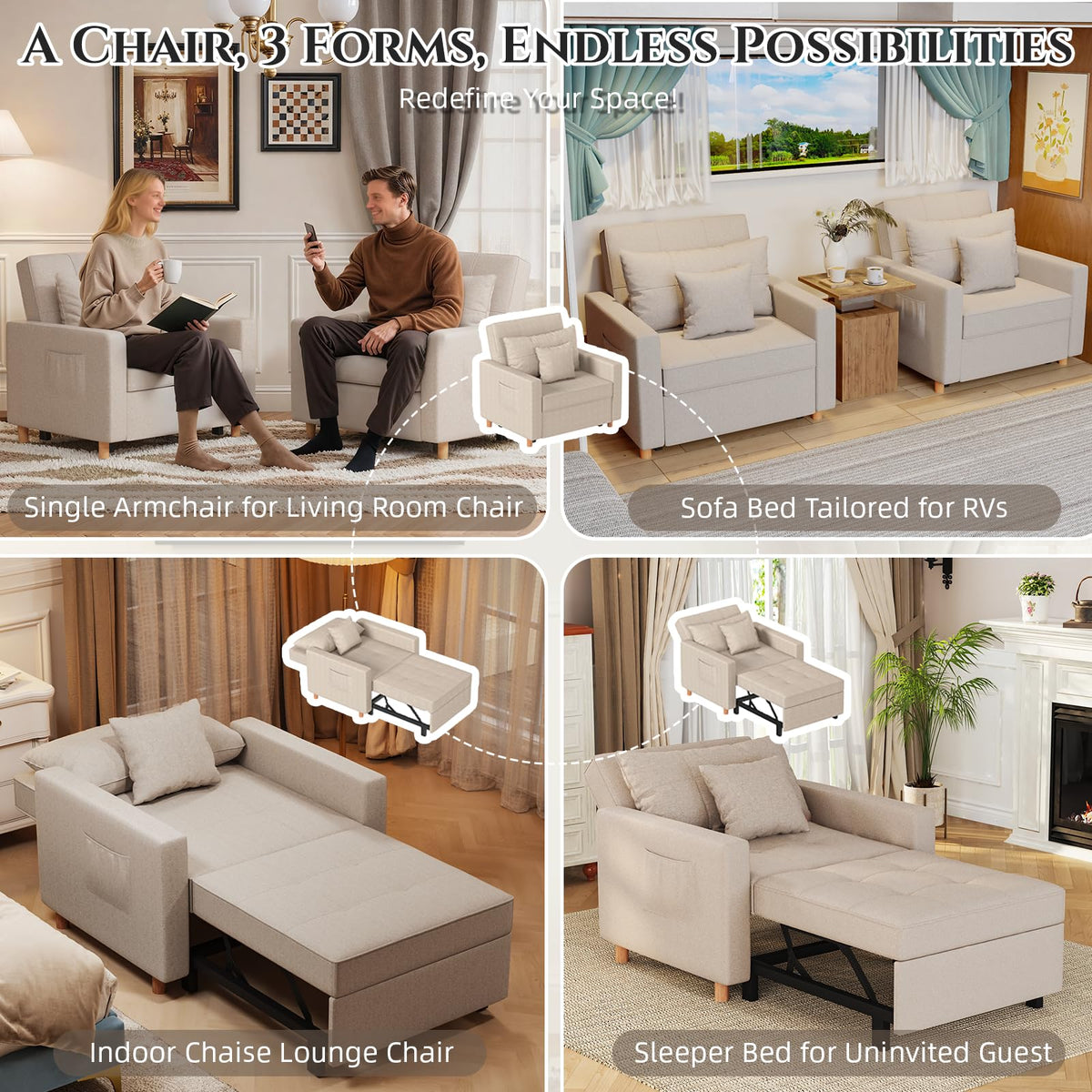 YODOLLA 3-in-1 Sleeper Sofa Bed, 192cm Convertible Single Sofa, Adjustable Armchair