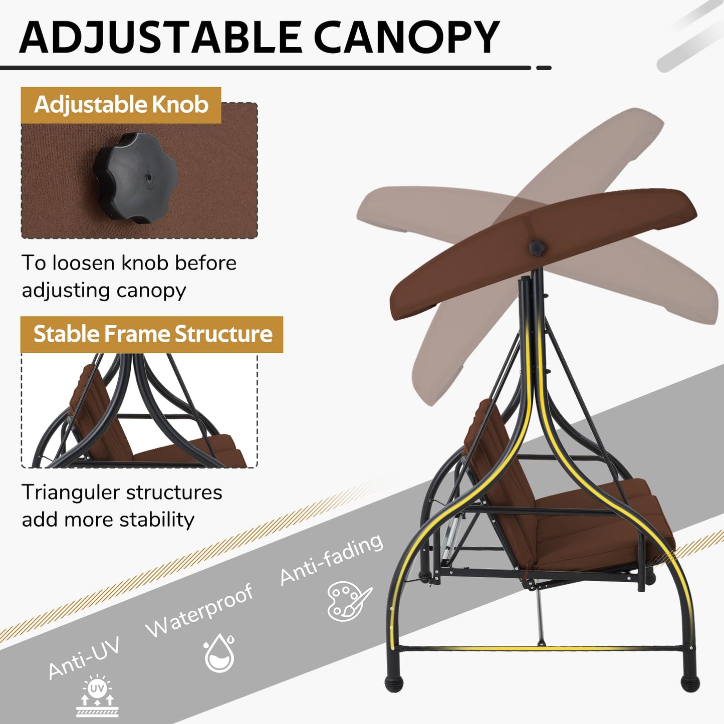 YODOLLA 3 Seater Garden Swing Seat Bed, Brown