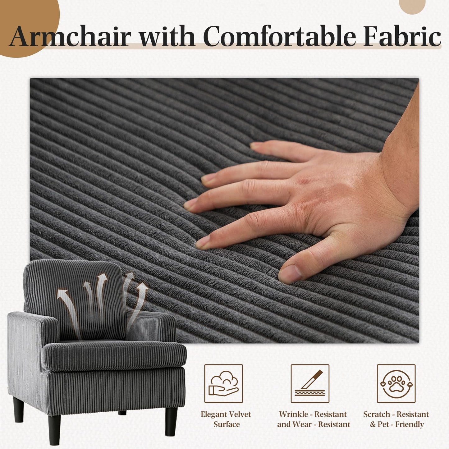 YODOLLA Armchair Grey Corduroy - Cosy Tub Accent Cuddle Chair