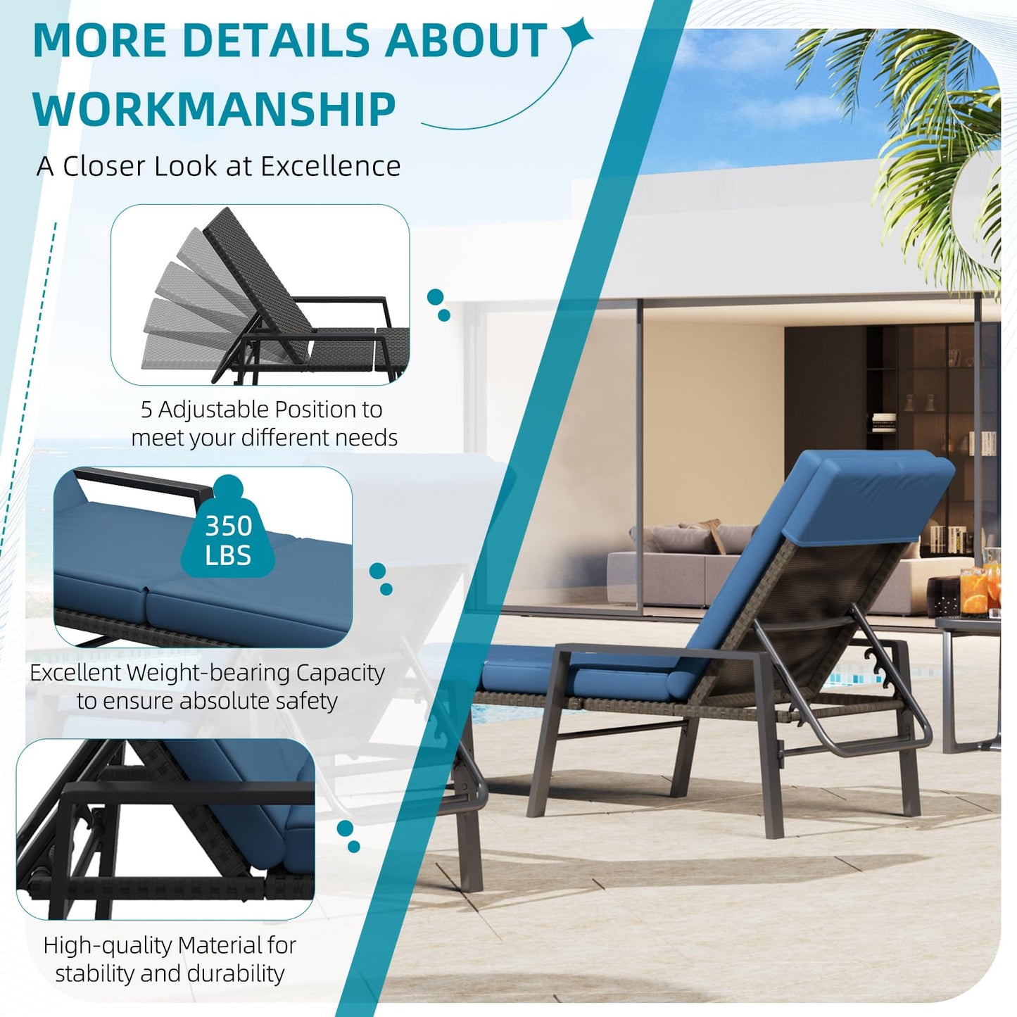 YODOLLA PE Rattan Sun Loungers , 5-level Reclining Back & Removable Cushion