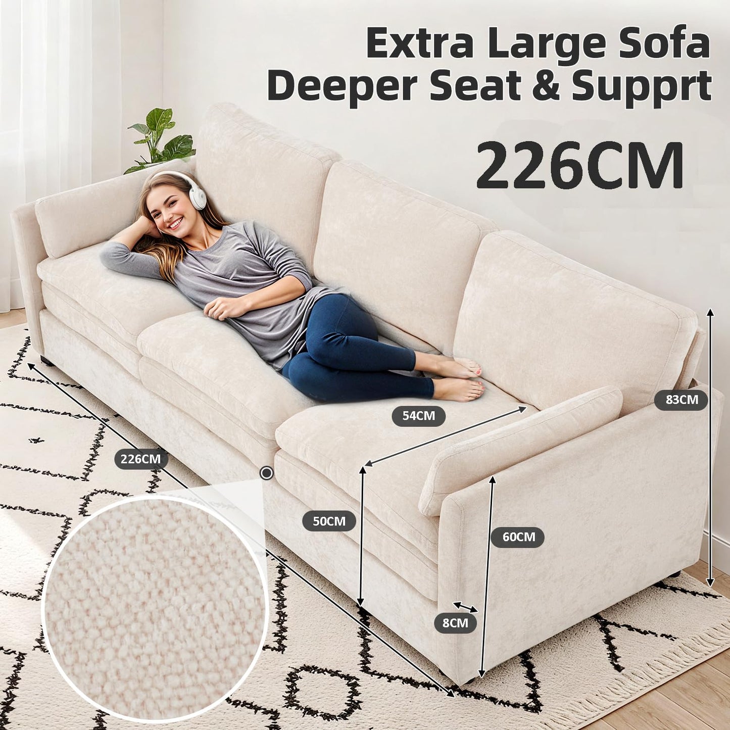YODOLLA 3 Seater Sofas 226cm Settee Sofa couches with Double Thick Seat Cushion