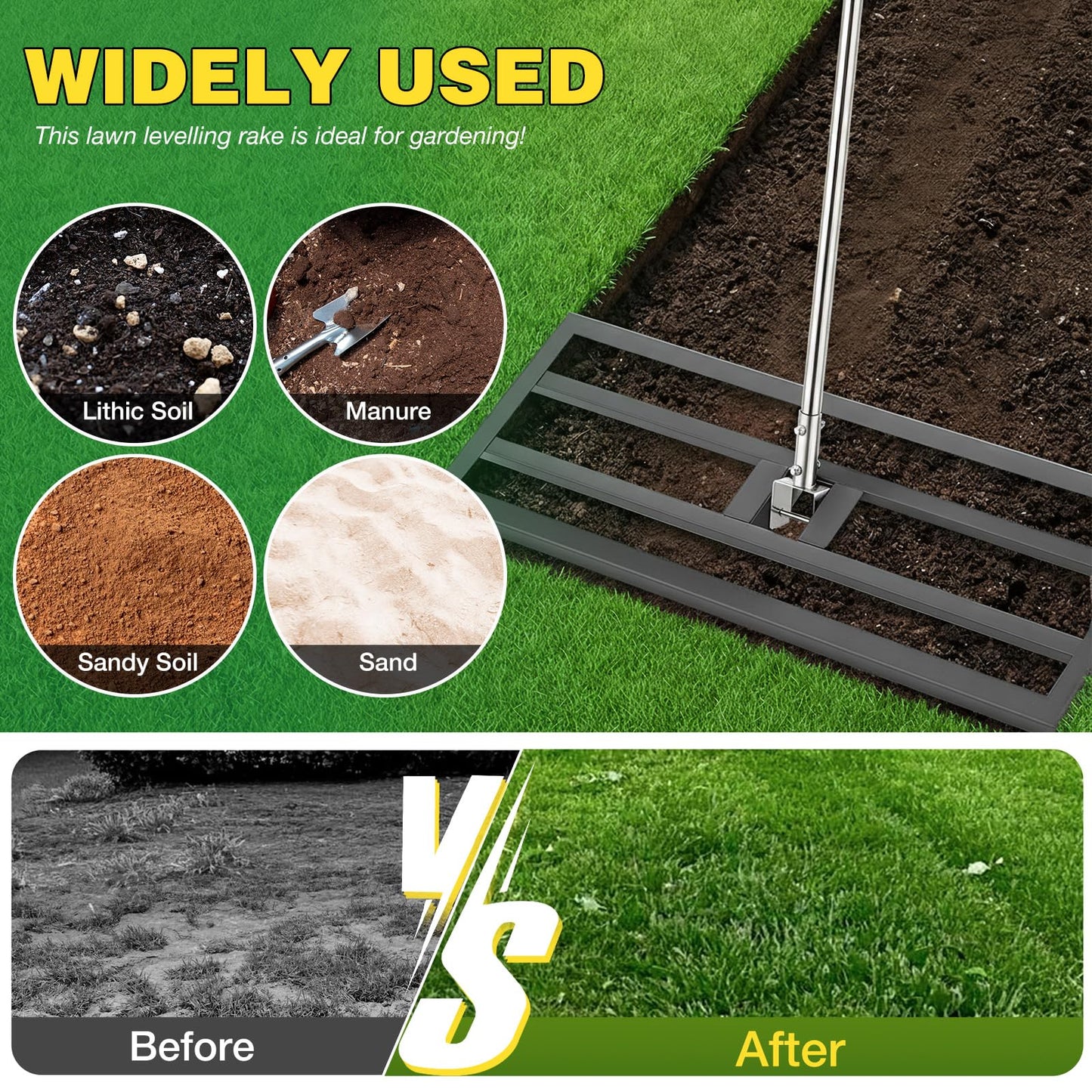 YODOLLA Lawn Leveling Rake 195 x 75×25cm Stainless Steel Lawn Leveller, Black