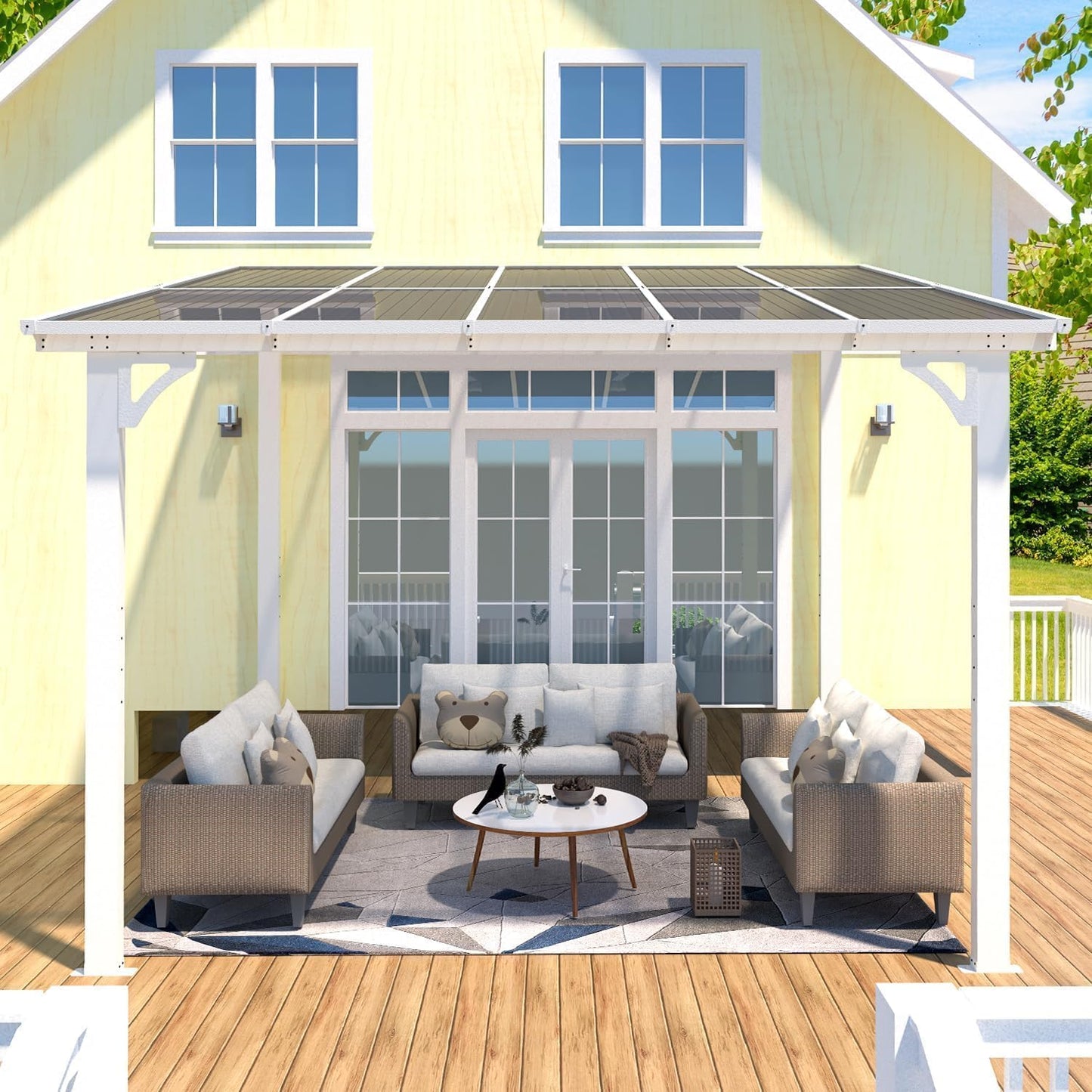 YODOLLA 2.4 x 3m Aluminium Lean-to Gazebo, Wall-Mounted Hardtop Pergola, White